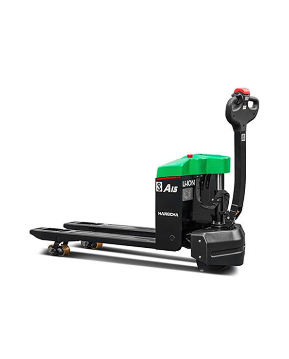 Hangcha's A15 Lithium Pallet Jack offers 3000 lbs. capacity with a compact design and easily swappable battery for continuous light-duty tasks.