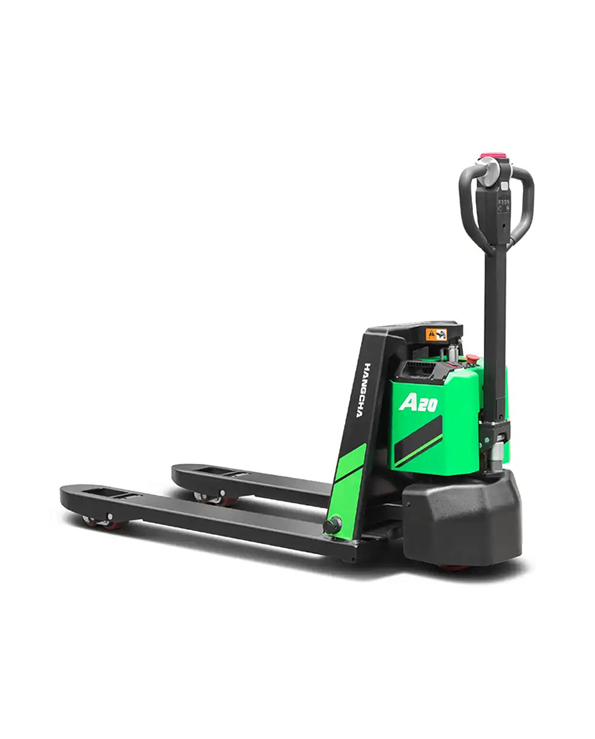 Hangcha's A20 Lithium Pallet Jack, with a 4,000 lbs. capacity, features a durable green finish, ergonomic design, and easily swappable battery for continuous operation.